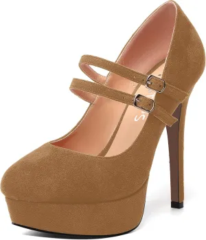 MOVINSTEPS Womens Buckle Suede Round Toe Sexy Solid Platform Adjustable Dual Strap Night Club Mary Jane Stiletto High Heel Pumps Shoes 5 Inch