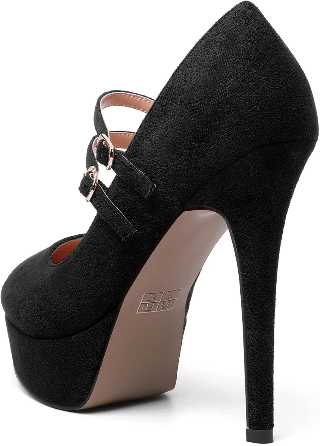 MOVINSTEPS Womens Buckle Suede Round Toe Sexy Solid Platform Adjustable Dual Strap Night Club Mary Jane Stiletto High Heel Pumps Shoes 5 Inch