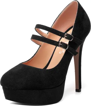 MOVINSTEPS Womens Buckle Suede Round Toe Sexy Solid Platform Adjustable Dual Strap Night Club Mary Jane Stiletto High Heel Pumps Shoes 5 Inch
