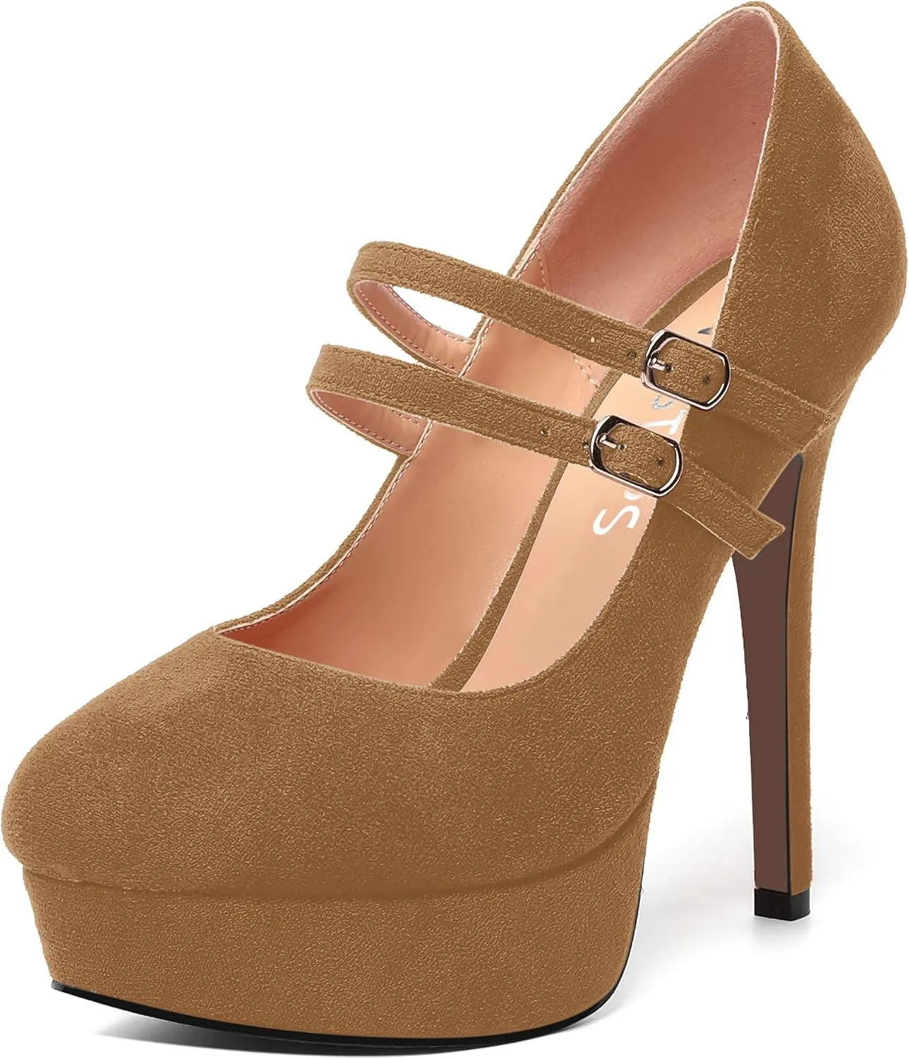 MOVINSTEPS Womens Buckle Suede Round Toe Sexy Solid Platform Adjustable Dual Strap Night Club Mary Jane Stiletto High Heel Pumps Shoes 5 Inch
