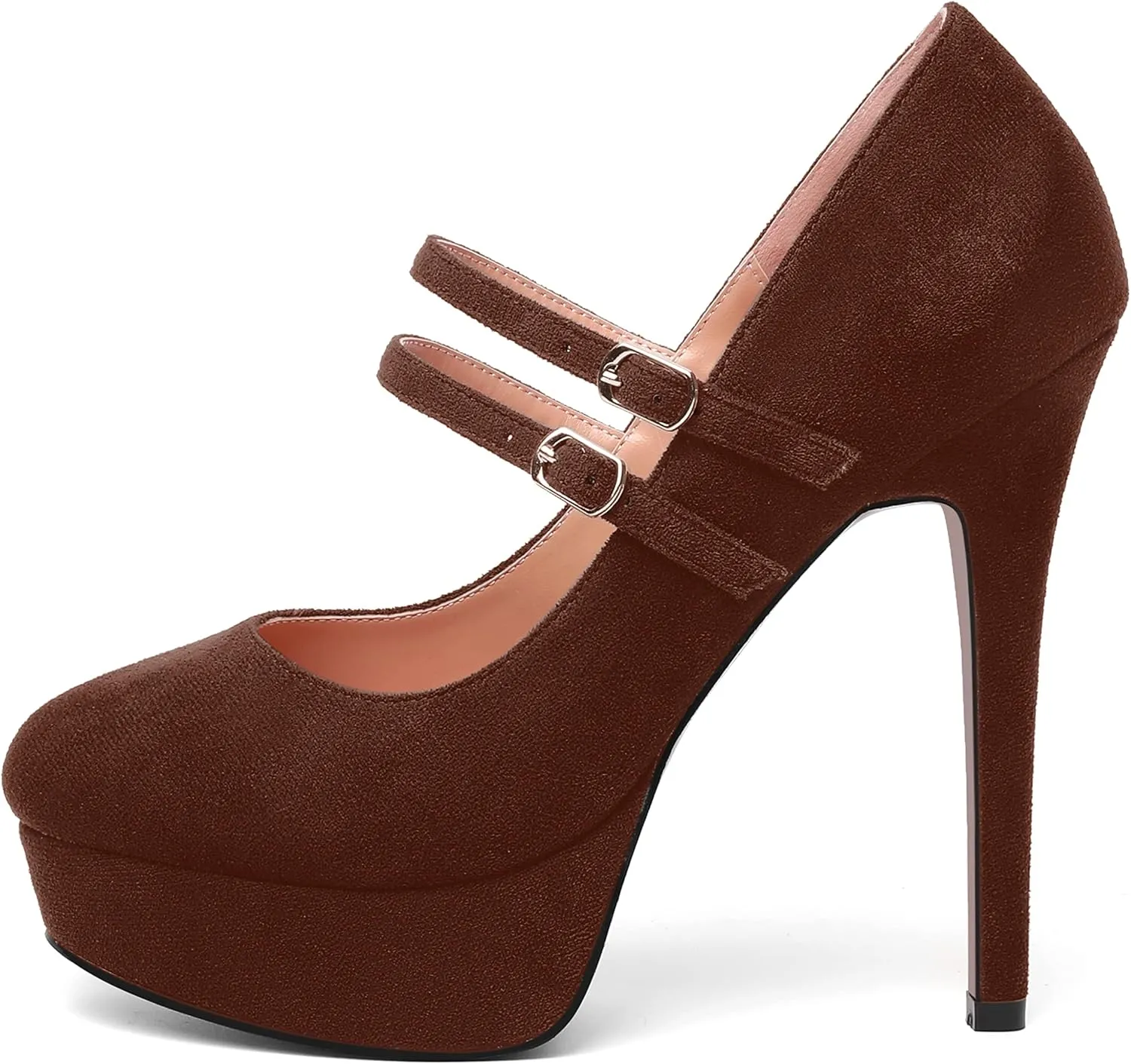 MOVINSTEPS Womens Buckle Suede Round Toe Sexy Solid Platform Adjustable Dual Strap Night Club Mary Jane Stiletto High Heel Pumps Shoes 5 Inch