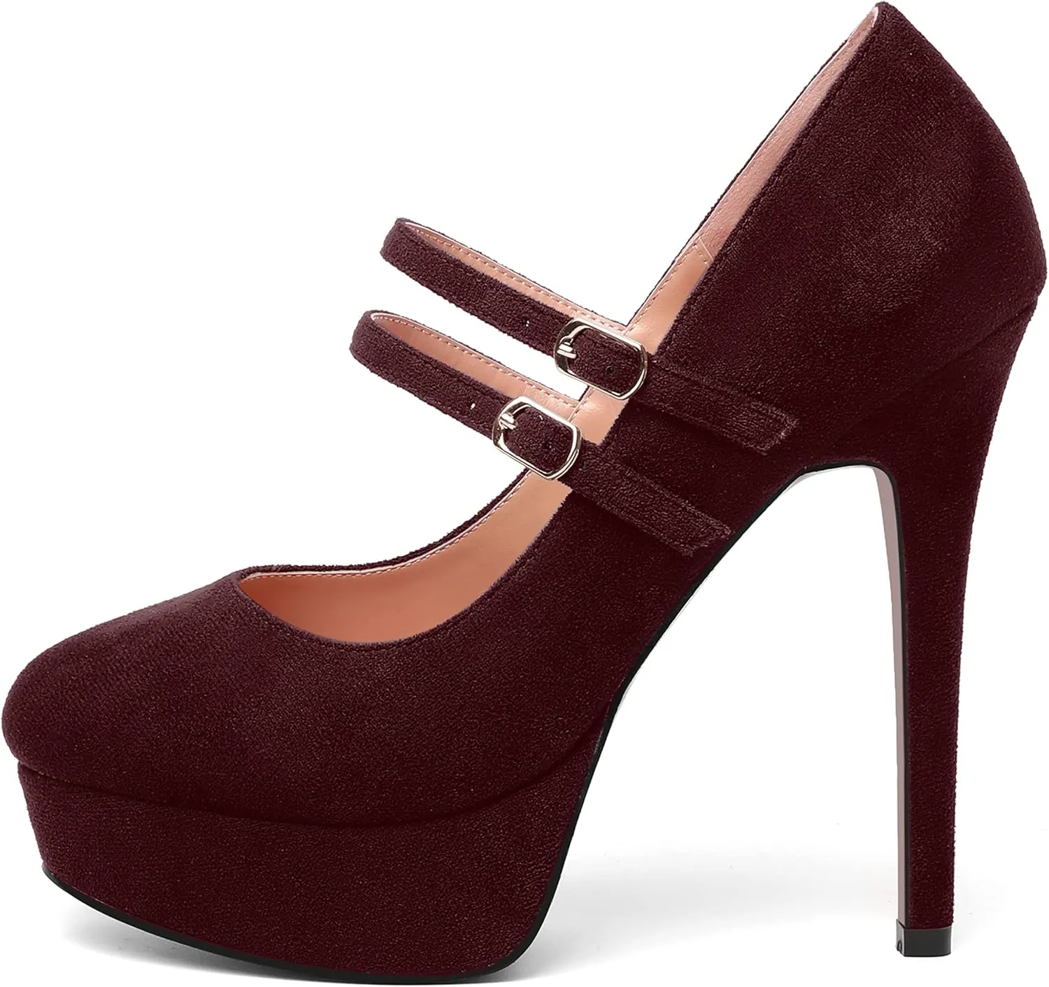 MOVINSTEPS Womens Buckle Suede Round Toe Sexy Solid Platform Adjustable Dual Strap Night Club Mary Jane Stiletto High Heel Pumps Shoes 5 Inch