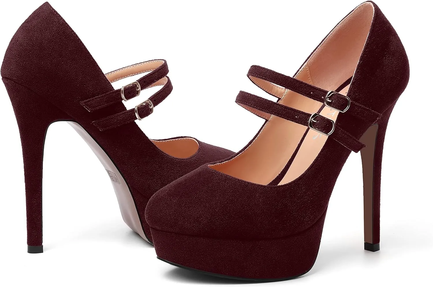 MOVINSTEPS Womens Buckle Suede Round Toe Sexy Solid Platform Adjustable Dual Strap Night Club Mary Jane Stiletto High Heel Pumps Shoes 5 Inch
