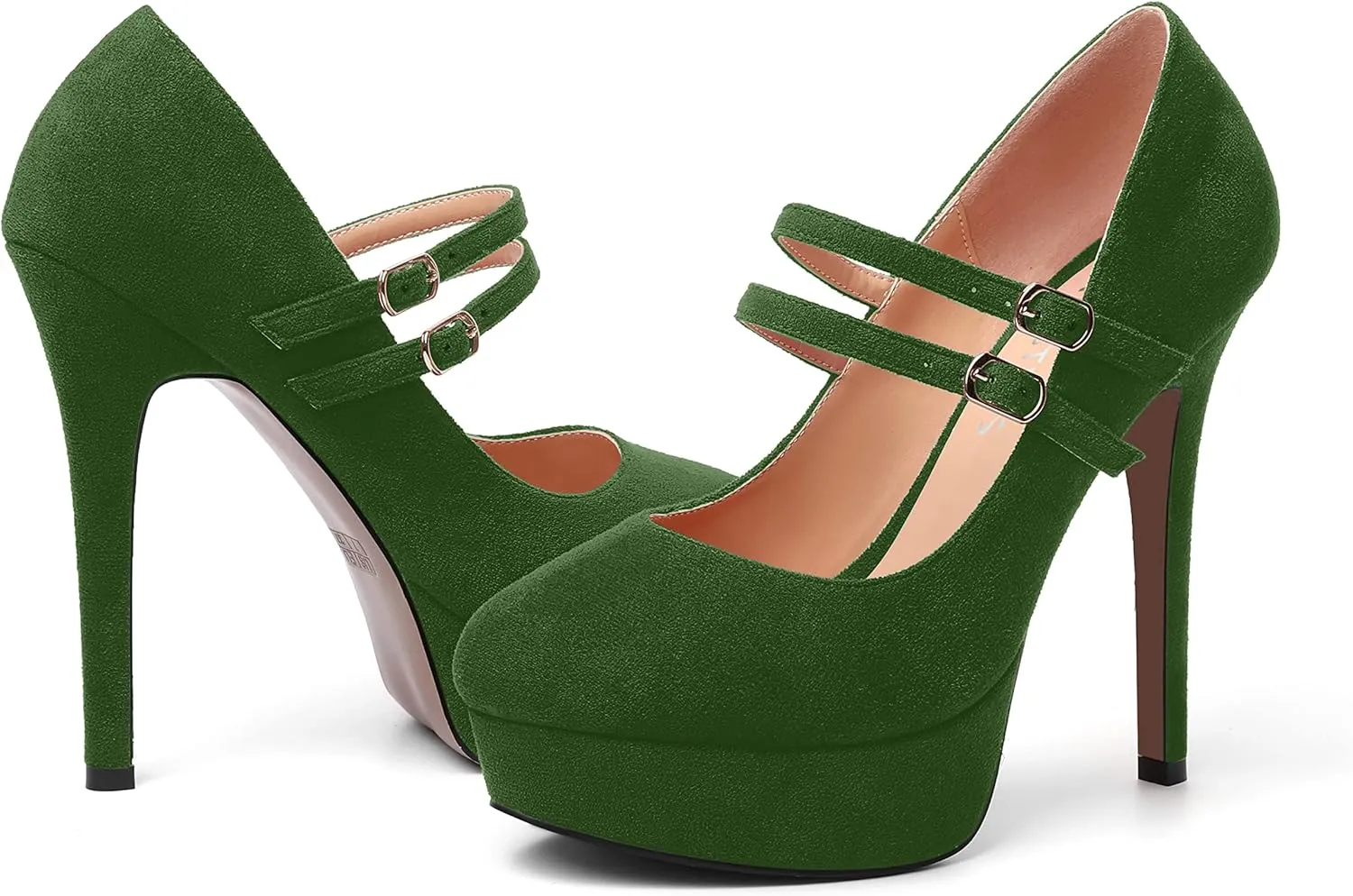 MOVINSTEPS Womens Buckle Suede Round Toe Sexy Solid Platform Adjustable Dual Strap Night Club Mary Jane Stiletto High Heel Pumps Shoes 5 Inch