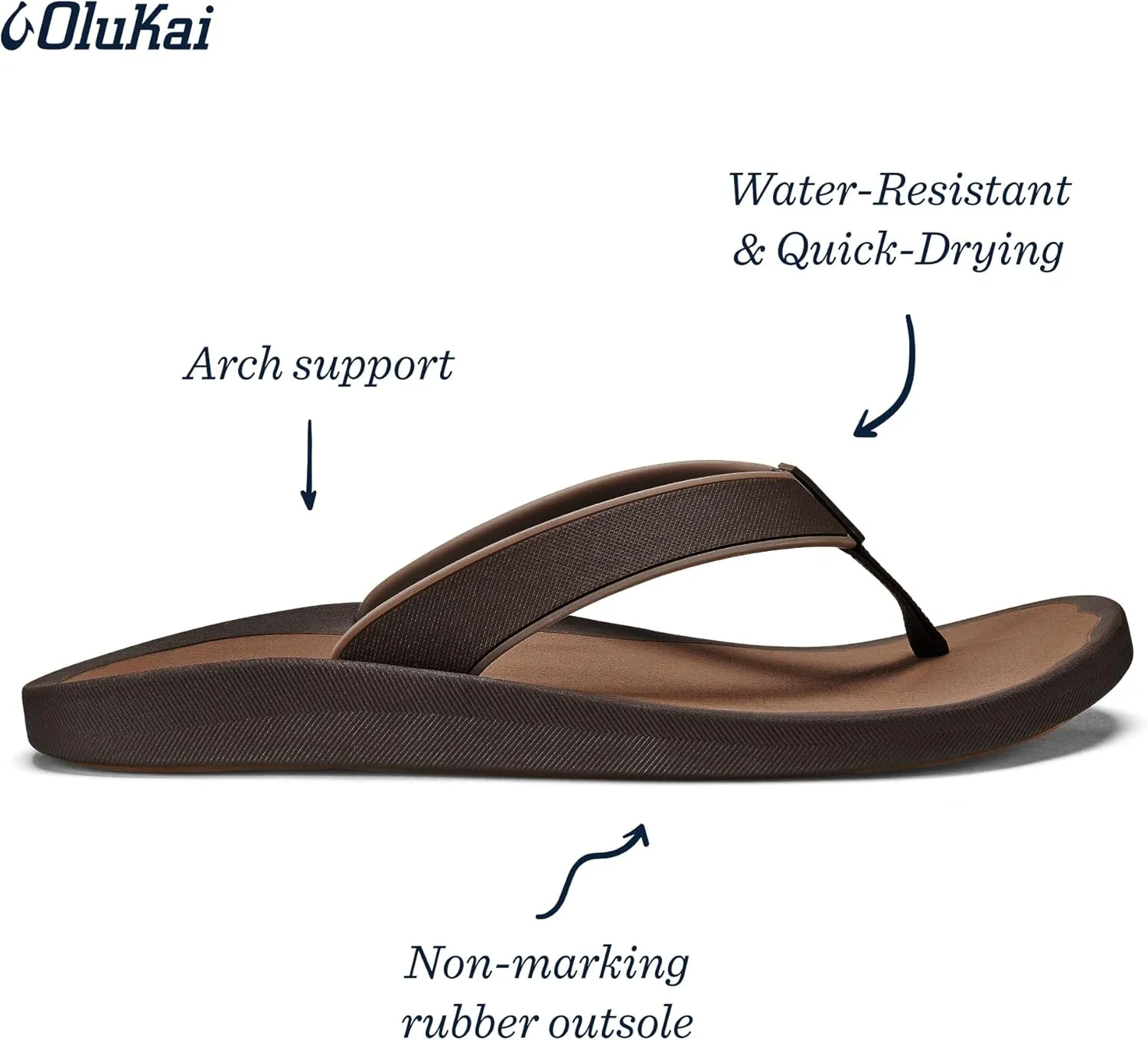 OLUKAI Koko'o Men's Beach Sandals, Quick-Dry Flip-Flop Slides, Water Resistant & Lightweight, Compression Molded Footbed & Ultra-Soft Comfort Fit
