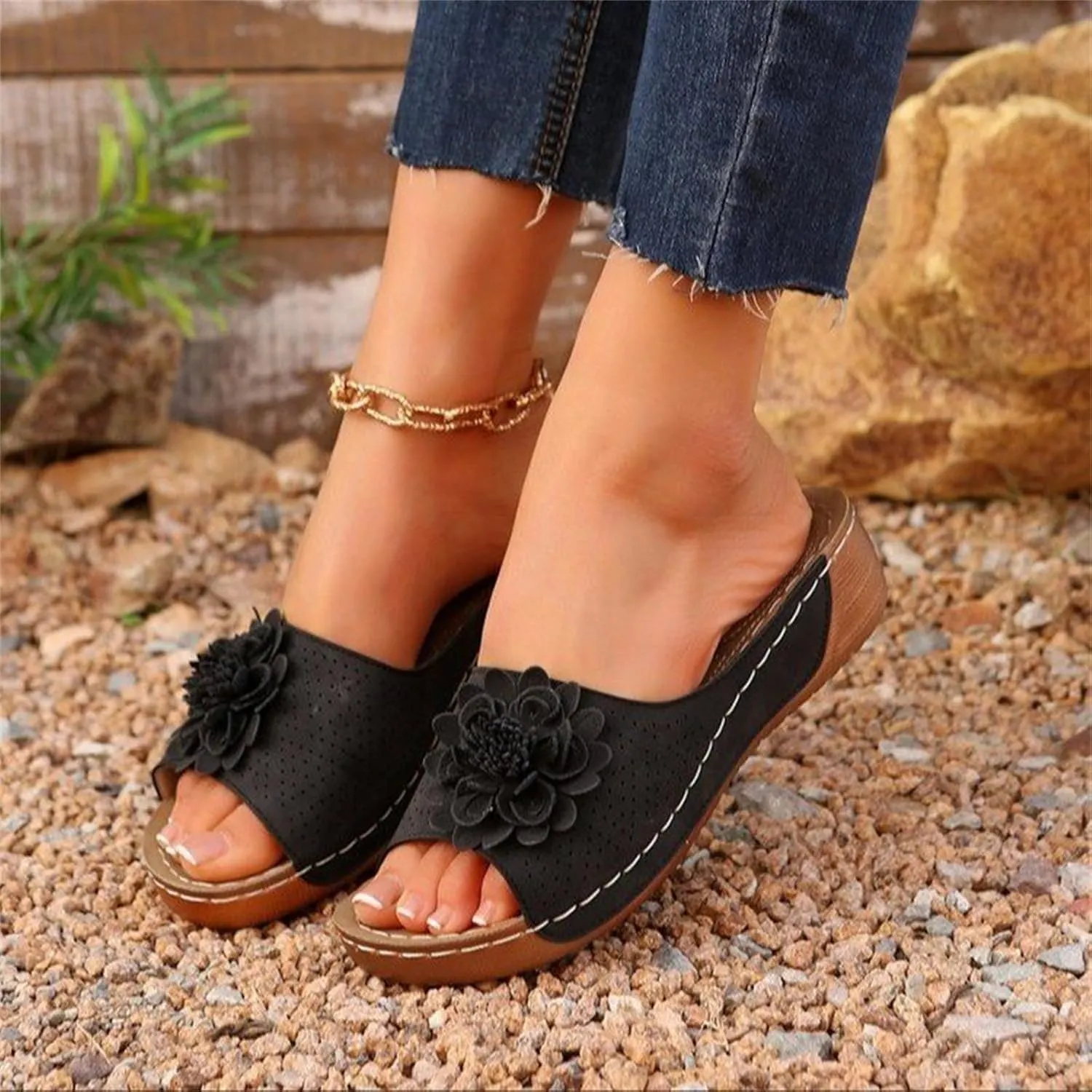 Orthopedic Sandals for Women Chic Flowers Summer Beach Sandals Casual Fish Mouth Open Toe Slippers Dressy Platform Slides Comfy Leather Mesh Sandal Travel Vacation Shoes