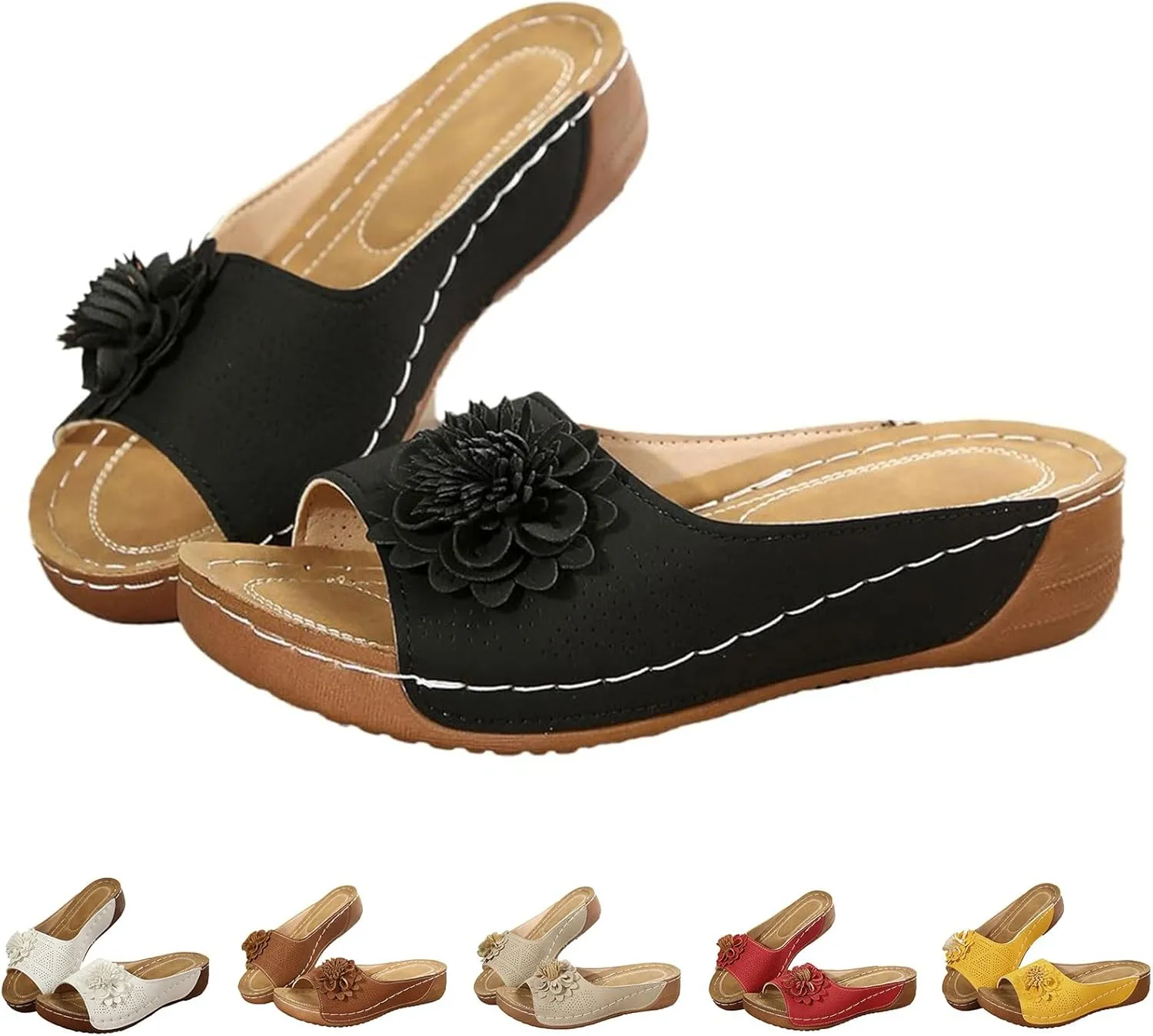 Orthopedic Sandals for Women Chic Flowers Summer Beach Sandals Casual Fish Mouth Open Toe Slippers Dressy Platform Slides Comfy Leather Mesh Sandal Travel Vacation Shoes