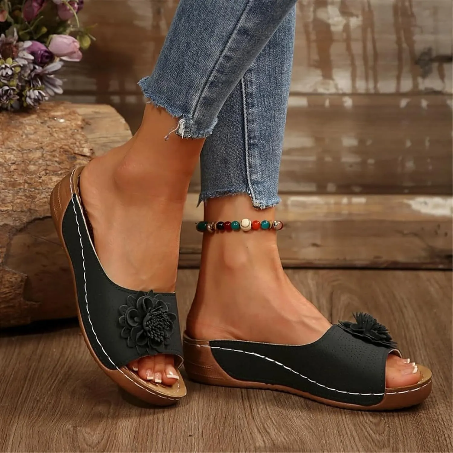 Orthopedic Sandals for Women Chic Flowers Summer Beach Sandals Casual Fish Mouth Open Toe Slippers Dressy Platform Slides Comfy Leather Mesh Sandal Travel Vacation Shoes