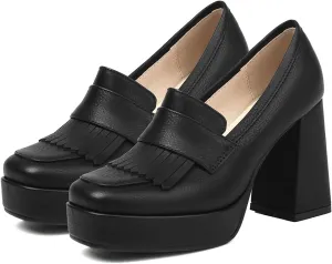 SHODENSE Women Vintage Chunky Platform Loafers Pumps Closed Square Toe Slip On High Block Heel Oxford Loafers Shoes Wingtip Burnished Buckle Strap Work Shoes for Office Ladies Formal Chic 4-10 M US