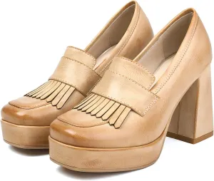 SHODENSE Women Vintage Chunky Platform Loafers Pumps Closed Square Toe Slip On High Block Heel Oxford Loafers Shoes Wingtip Burnished Buckle Strap Work Shoes for Office Ladies Formal Chic 4-10 M US