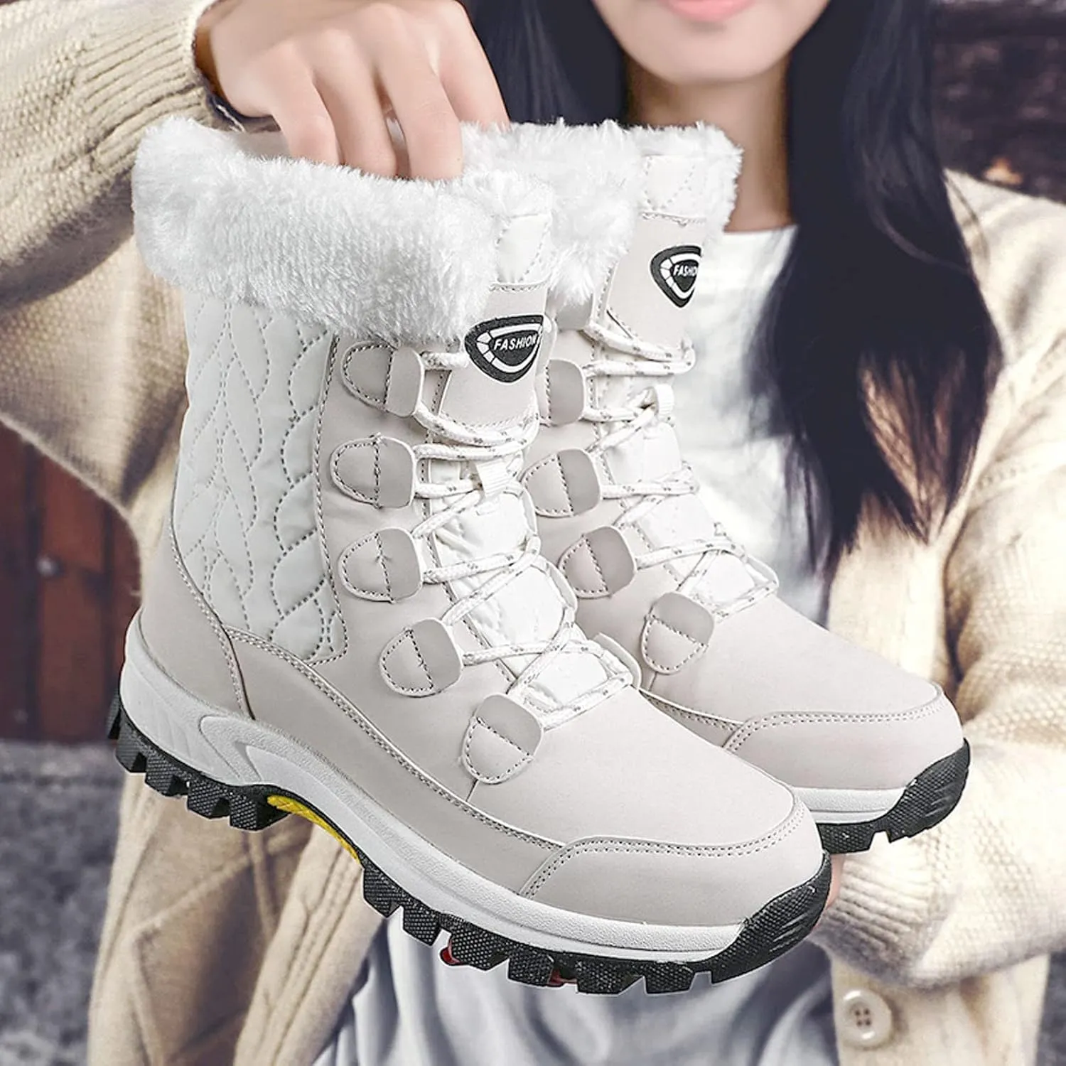 Snow Boots For Women Waterproof Ankle Boots for Women Warm Round Toe Leather Lace Up Flat Heel Women's Long Boots