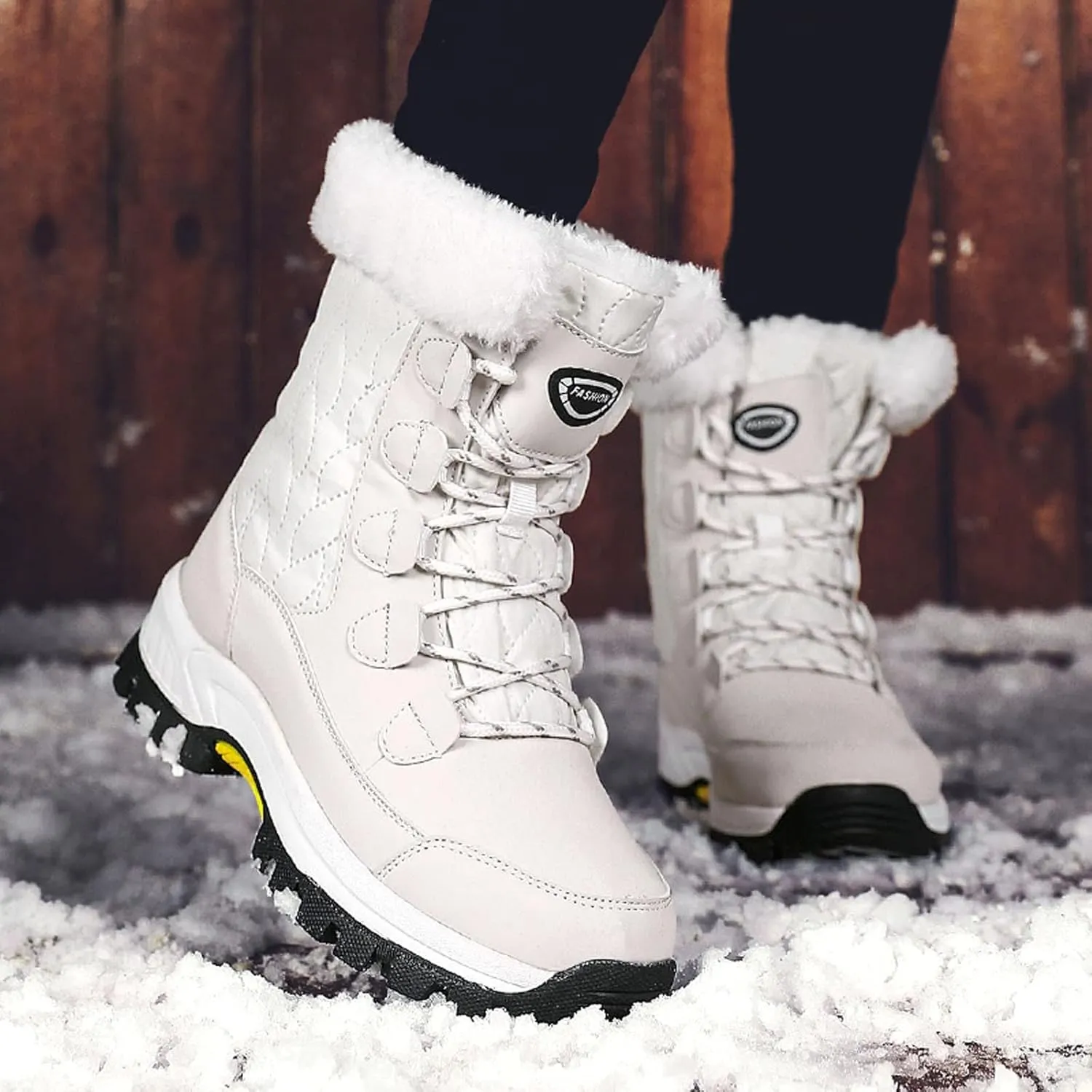 Snow Boots For Women Waterproof Ankle Boots for Women Warm Round Toe Leather Lace Up Flat Heel Women's Long Boots