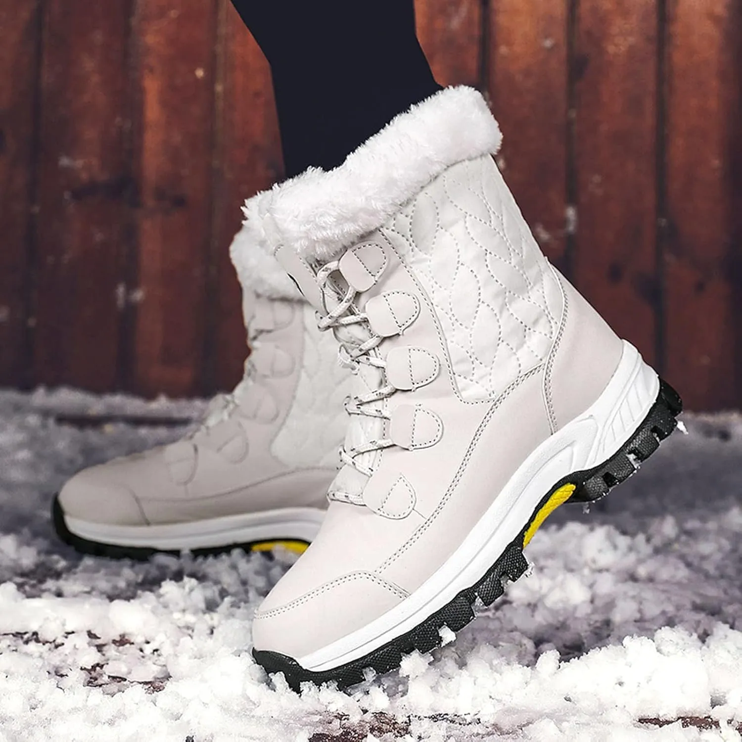 Snow Boots For Women Waterproof Ankle Boots for Women Warm Round Toe Leather Lace Up Flat Heel Women's Long Boots