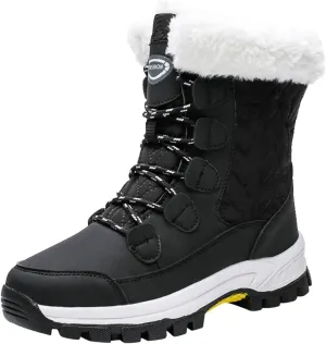 Snow Boots For Women Waterproof Ankle Boots for Women Warm Round Toe Leather Lace Up Flat Heel Women's Long Boots
