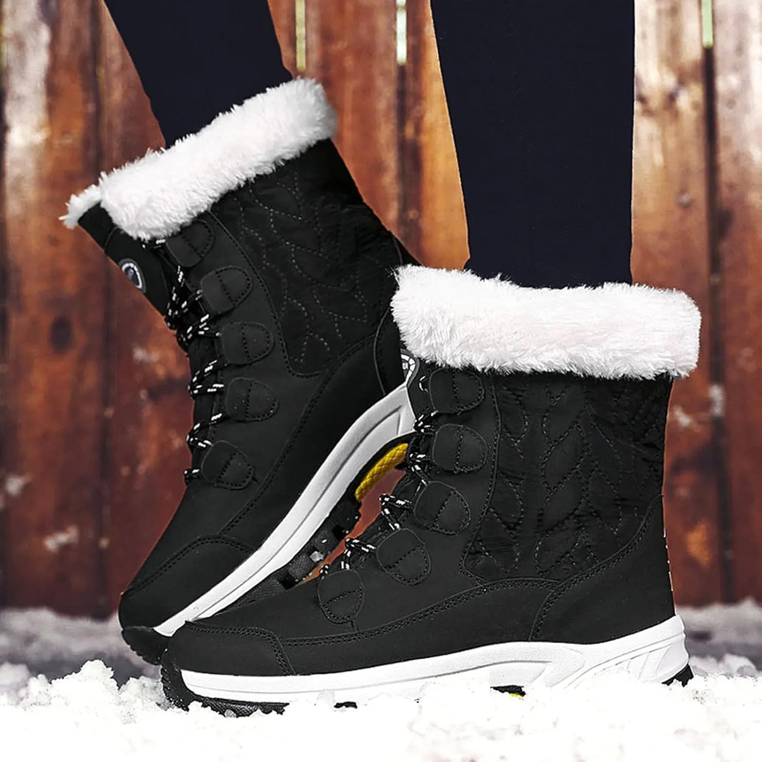 Snow Boots For Women Waterproof Ankle Boots for Women Warm Round Toe Leather Lace Up Flat Heel Women's Long Boots