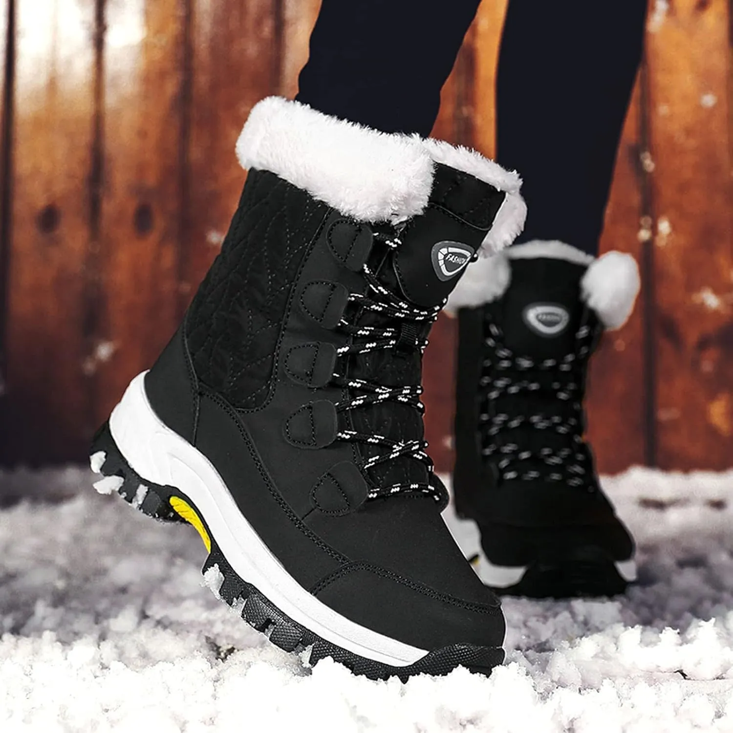 Snow Boots For Women Waterproof Ankle Boots for Women Warm Round Toe Leather Lace Up Flat Heel Women's Long Boots