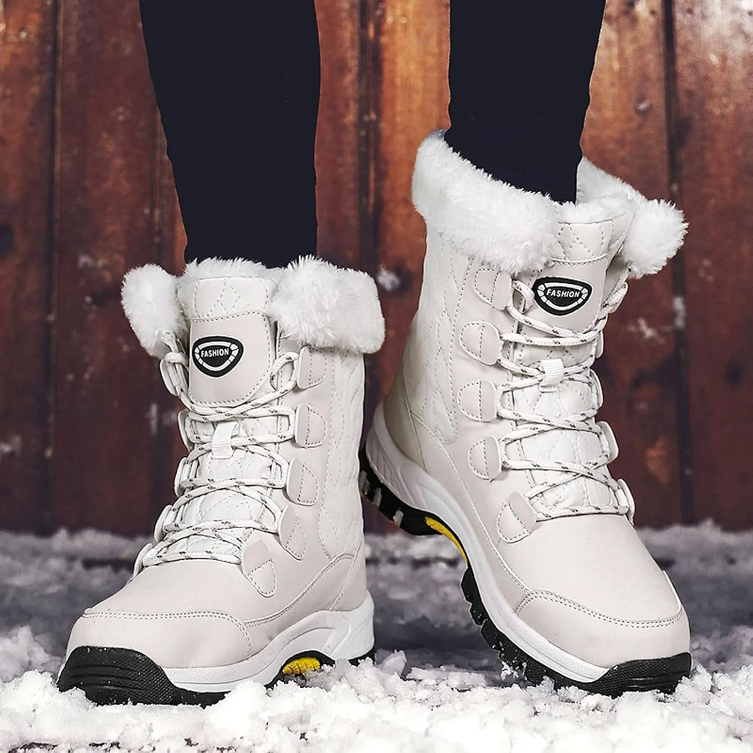 Snow Boots For Women Waterproof Ankle Boots for Women Warm Round Toe Leather Lace Up Flat Heel Women's Long Boots