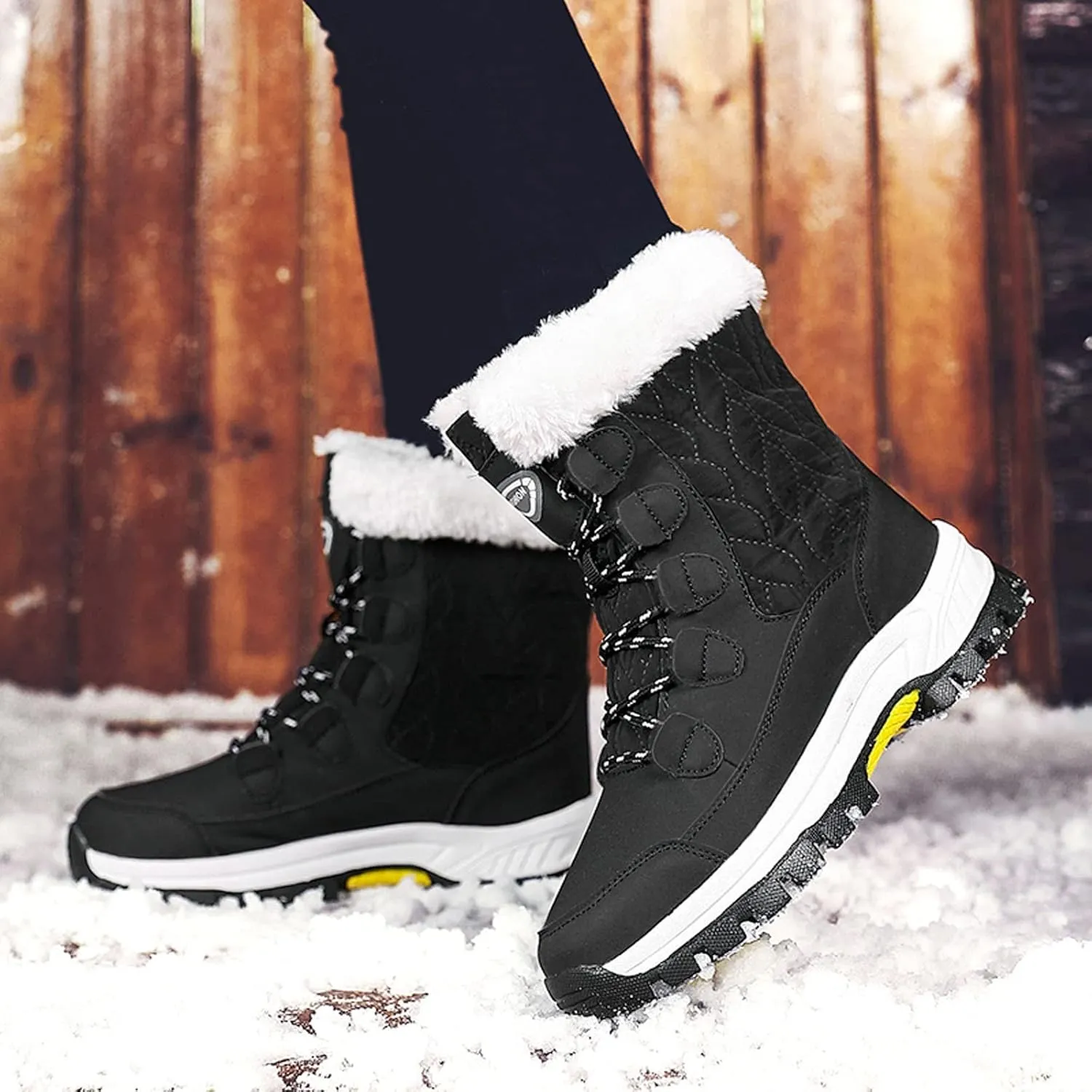 Snow Boots For Women Waterproof Ankle Boots for Women Warm Round Toe Leather Lace Up Flat Heel Women's Long Boots