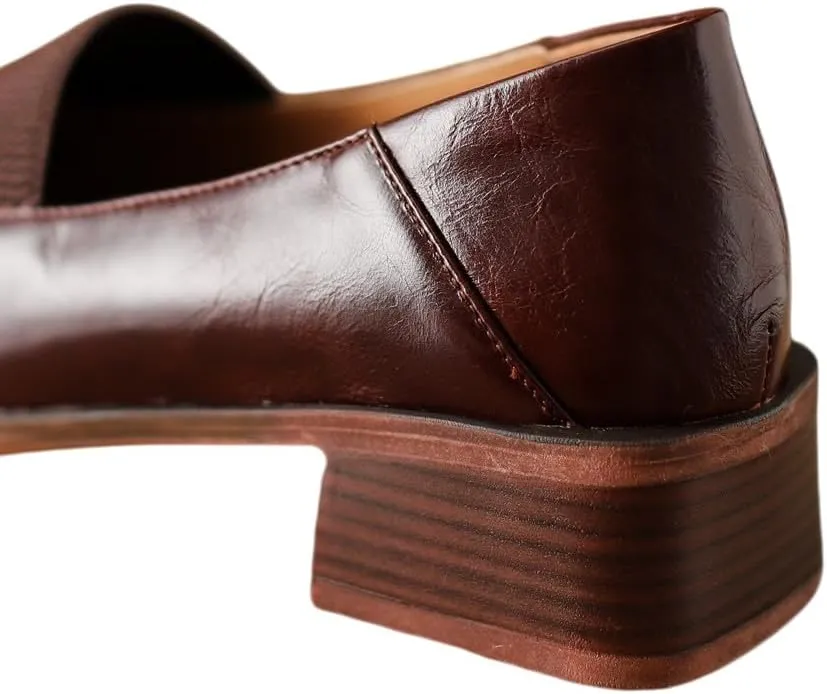 TinaCus Women's Square Toe Genuine Leather Handmade Low Chunky Heels Vintage Loafers Shoes