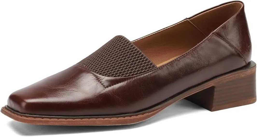 TinaCus Women's Square Toe Genuine Leather Handmade Low Chunky Heels Vintage Loafers Shoes