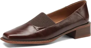 TinaCus Women's Square Toe Genuine Leather Handmade Low Chunky Heels Vintage Loafers Shoes