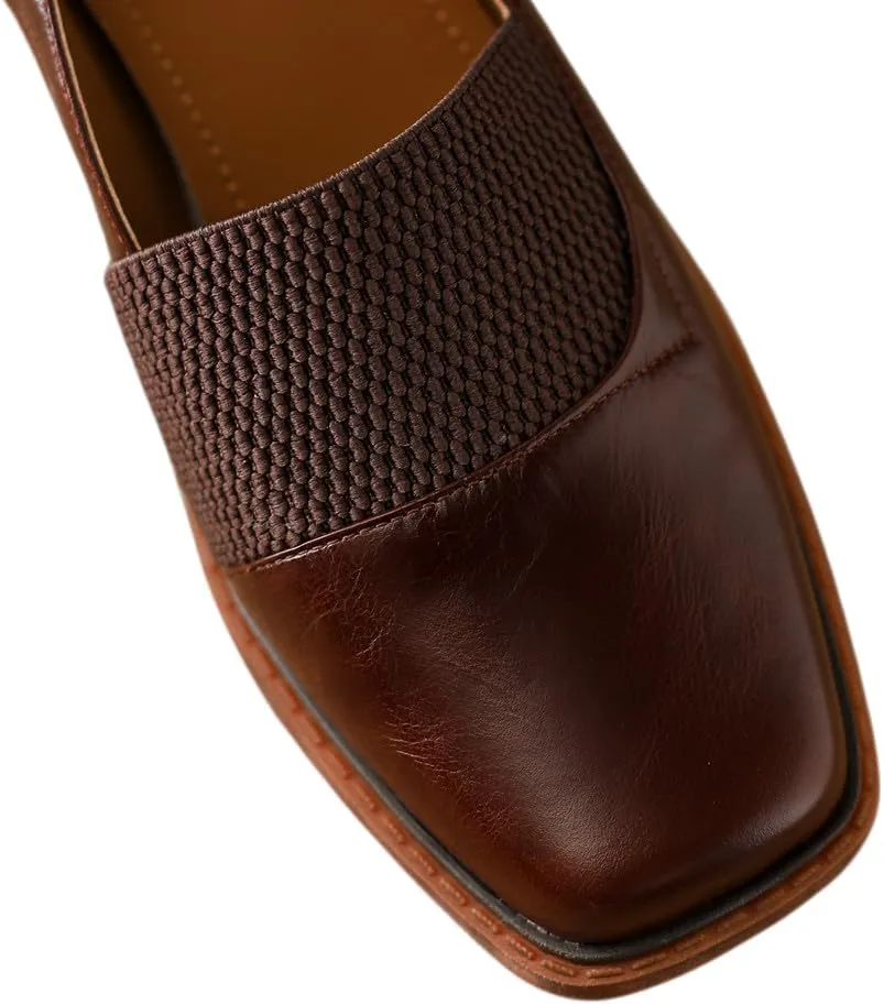 TinaCus Women's Square Toe Genuine Leather Handmade Low Chunky Heels Vintage Loafers Shoes