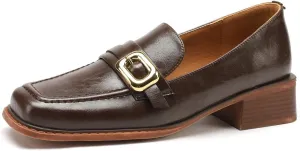 TinaCus Women's Square Toe Genuine Leather Handmade Metal Buckle Low Chunky Heels Loafers Shoes
