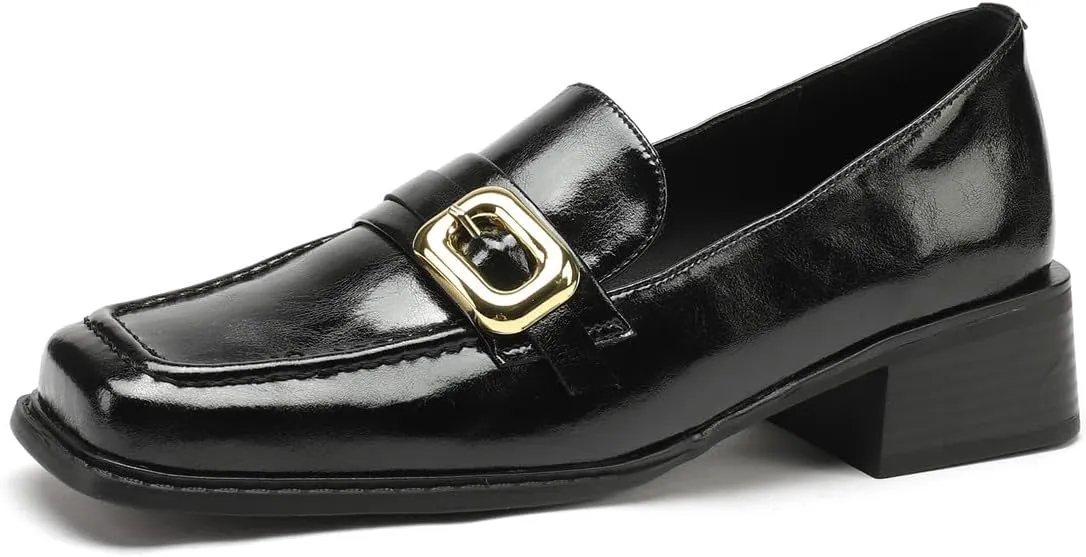 TinaCus Women's Square Toe Genuine Leather Handmade Metal Buckle Low Chunky Heels Loafers Shoes