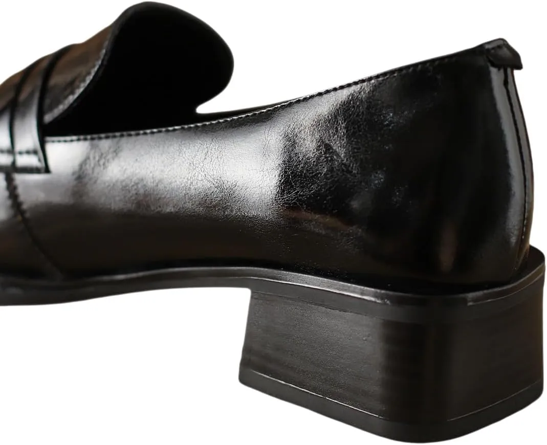 TinaCus Women's Square Toe Genuine Leather Handmade Metal Buckle Low Chunky Heels Loafers Shoes