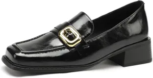 TinaCus Women's Square Toe Genuine Leather Handmade Metal Buckle Low Chunky Heels Loafers Shoes