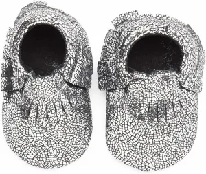 Unisex-Child Silver & Black Metallic Moccasin Booties