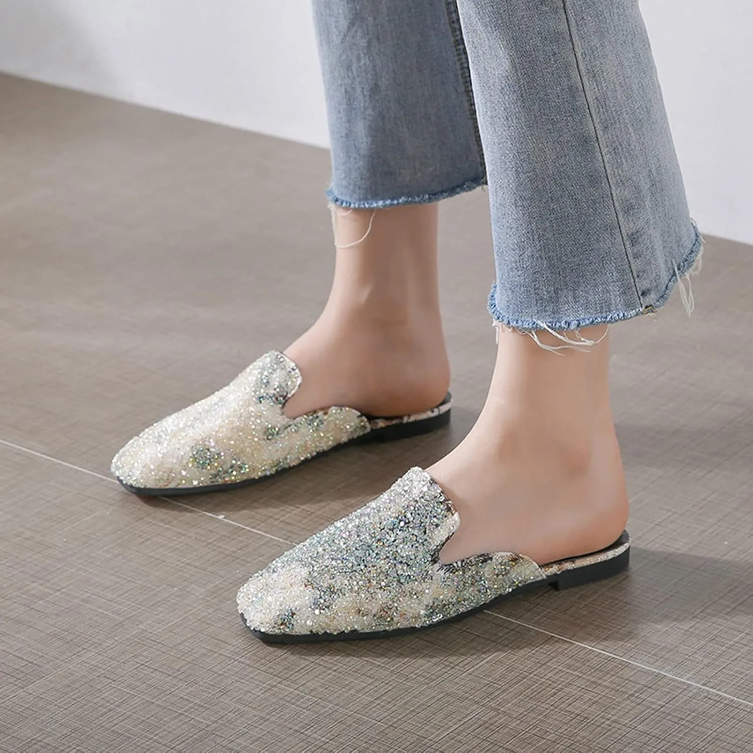 Women Bling Rhinestone Flat Mules Backless Loafers Casual Fashion Closed Toe Slip On Slipper Shoes