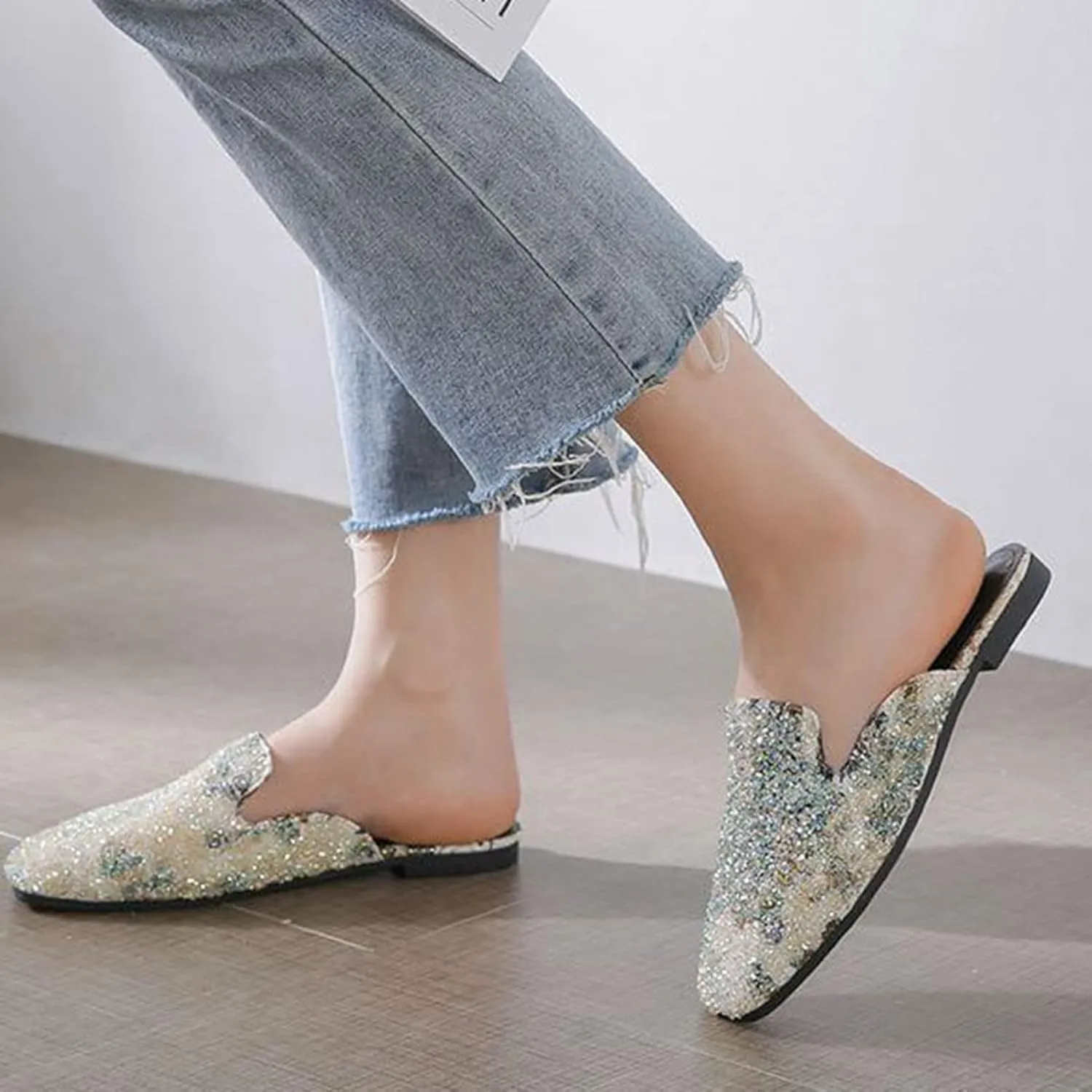 Women Bling Rhinestone Flat Mules Backless Loafers Casual Fashion Closed Toe Slip On Slipper Shoes