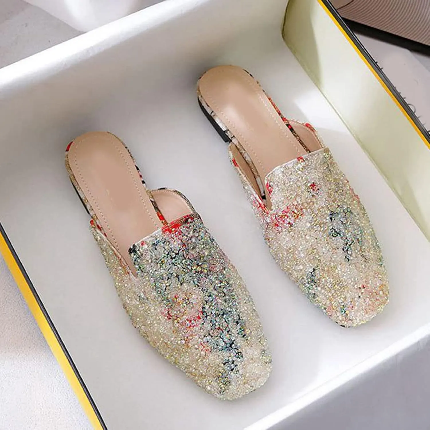 Women Bling Rhinestone Flat Mules Backless Loafers Casual Fashion Closed Toe Slip On Slipper Shoes