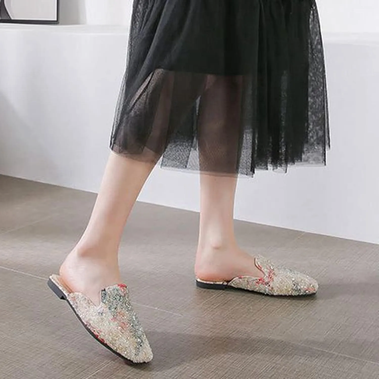 Women Bling Rhinestone Flat Mules Backless Loafers Casual Fashion Closed Toe Slip On Slipper Shoes