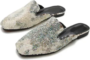 Women Bling Rhinestone Flat Mules Backless Loafers Casual Fashion Closed Toe Slip On Slipper Shoes
