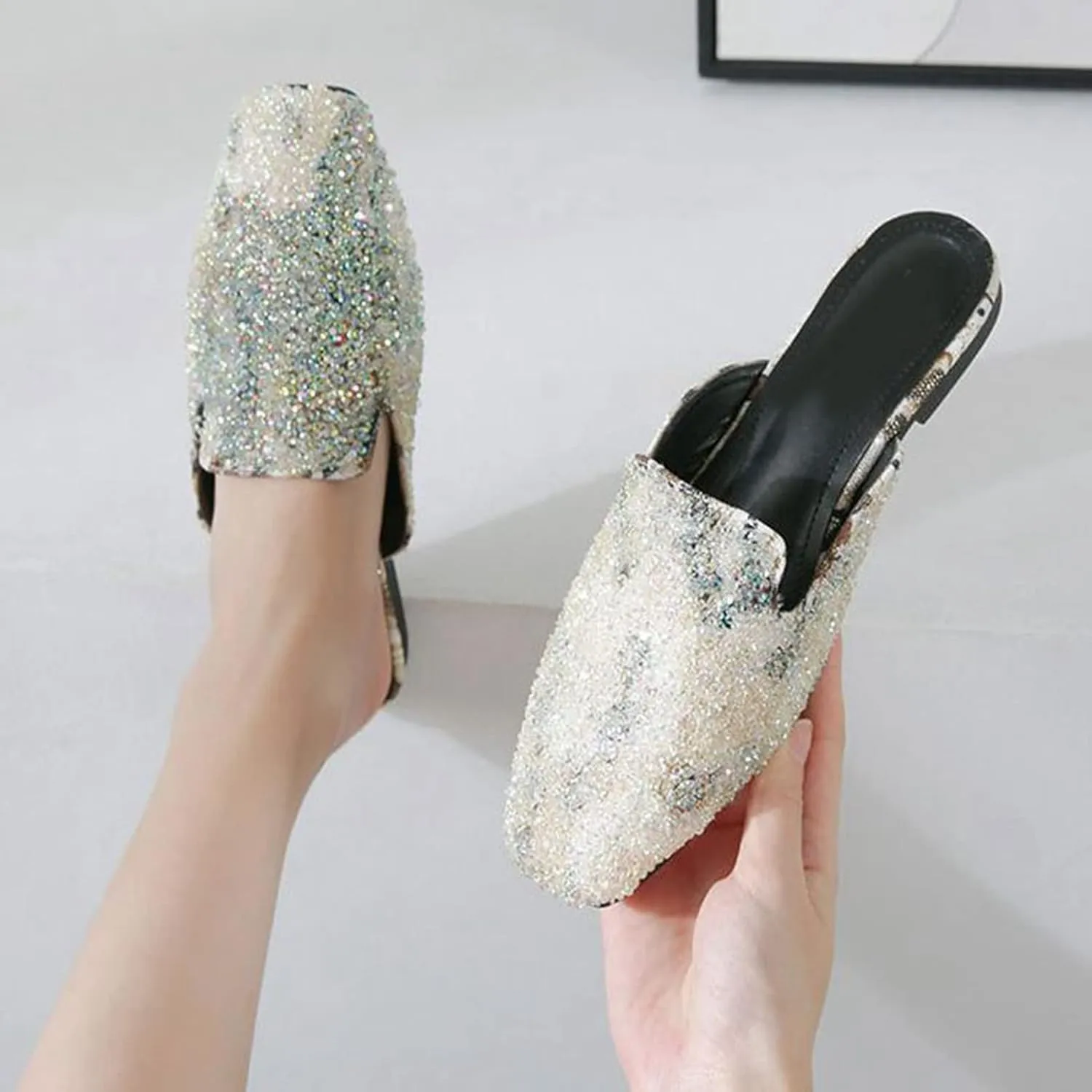 Women Bling Rhinestone Flat Mules Backless Loafers Casual Fashion Closed Toe Slip On Slipper Shoes