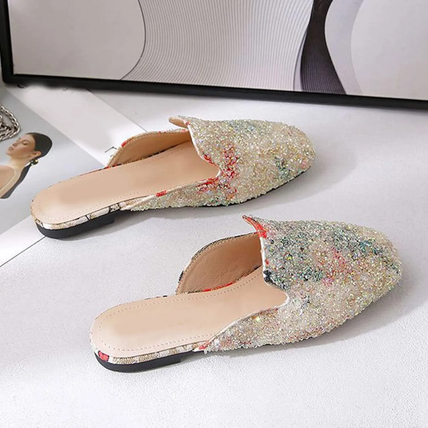 Women Bling Rhinestone Flat Mules Backless Loafers Casual Fashion Closed Toe Slip On Slipper Shoes