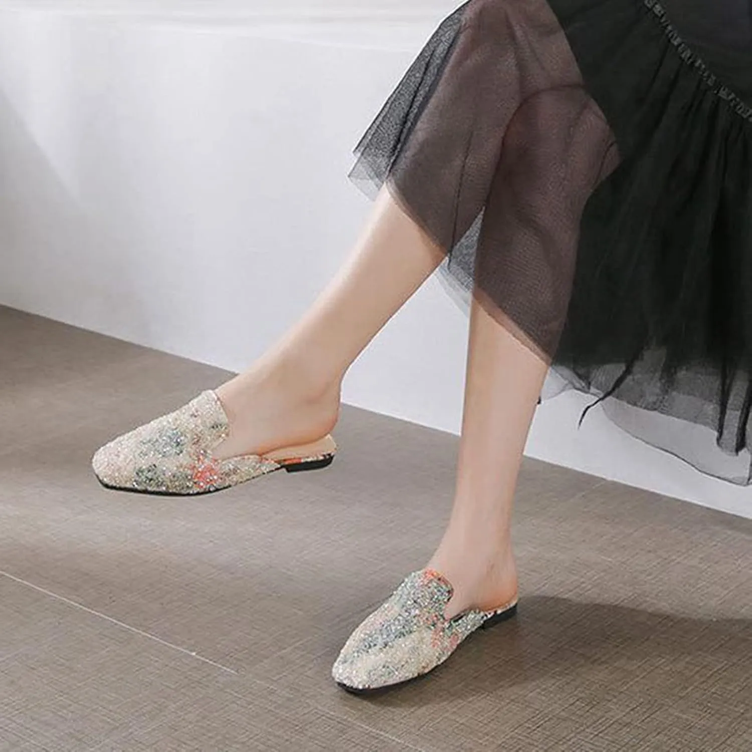 Women Bling Rhinestone Flat Mules Backless Loafers Casual Fashion Closed Toe Slip On Slipper Shoes