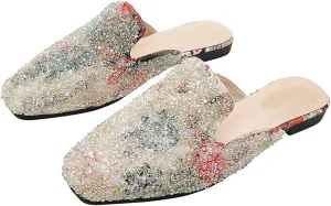 Women Bling Rhinestone Flat Mules Backless Loafers Casual Fashion Closed Toe Slip On Slipper Shoes