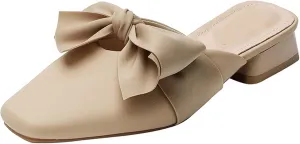 Women Fashion Bow Low Heel Mules Backless Slip On Square Toe Elegant Comfortable Loafers Dress Slippers