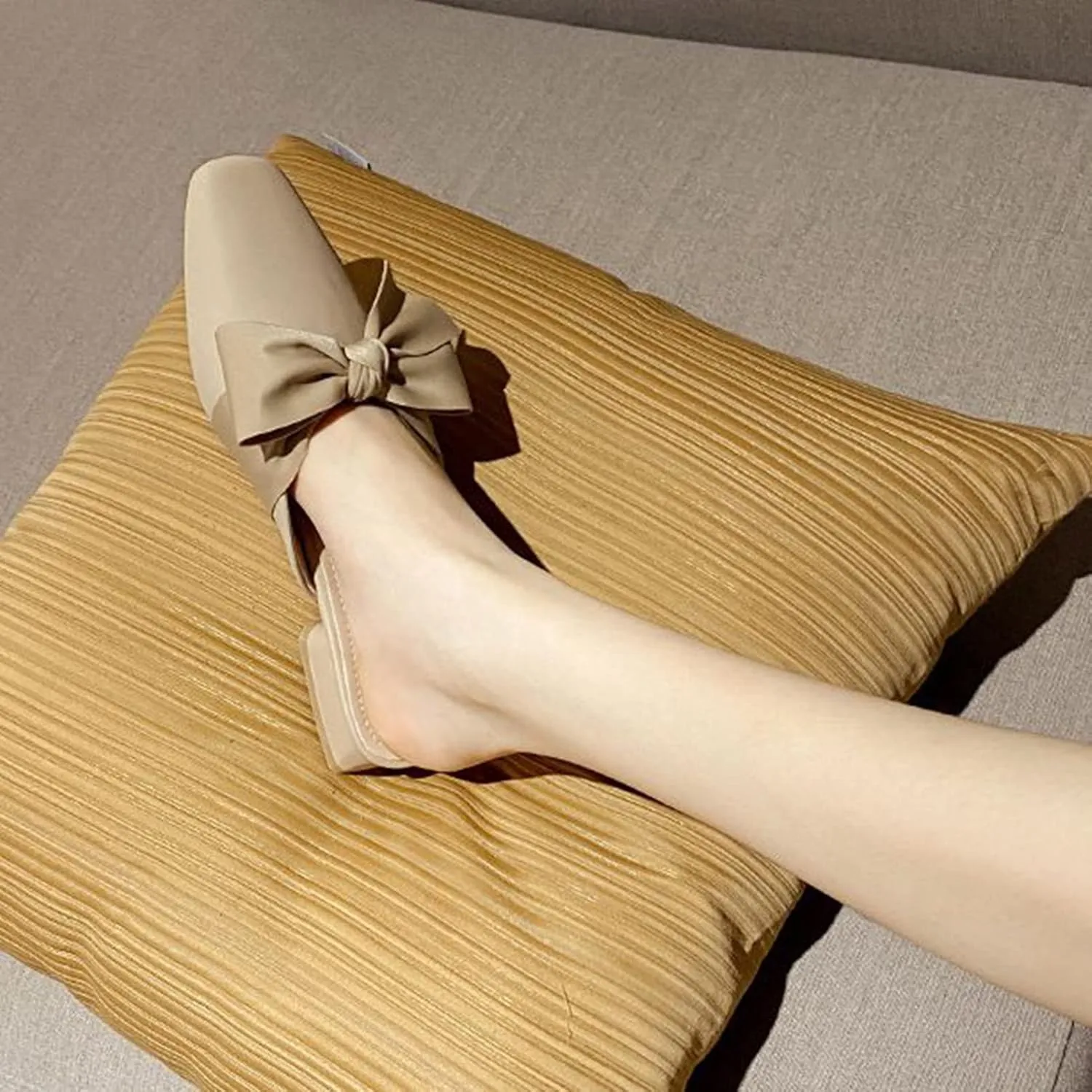 Women Fashion Bow Low Heel Mules Backless Slip On Square Toe Elegant Comfortable Loafers Dress Slippers