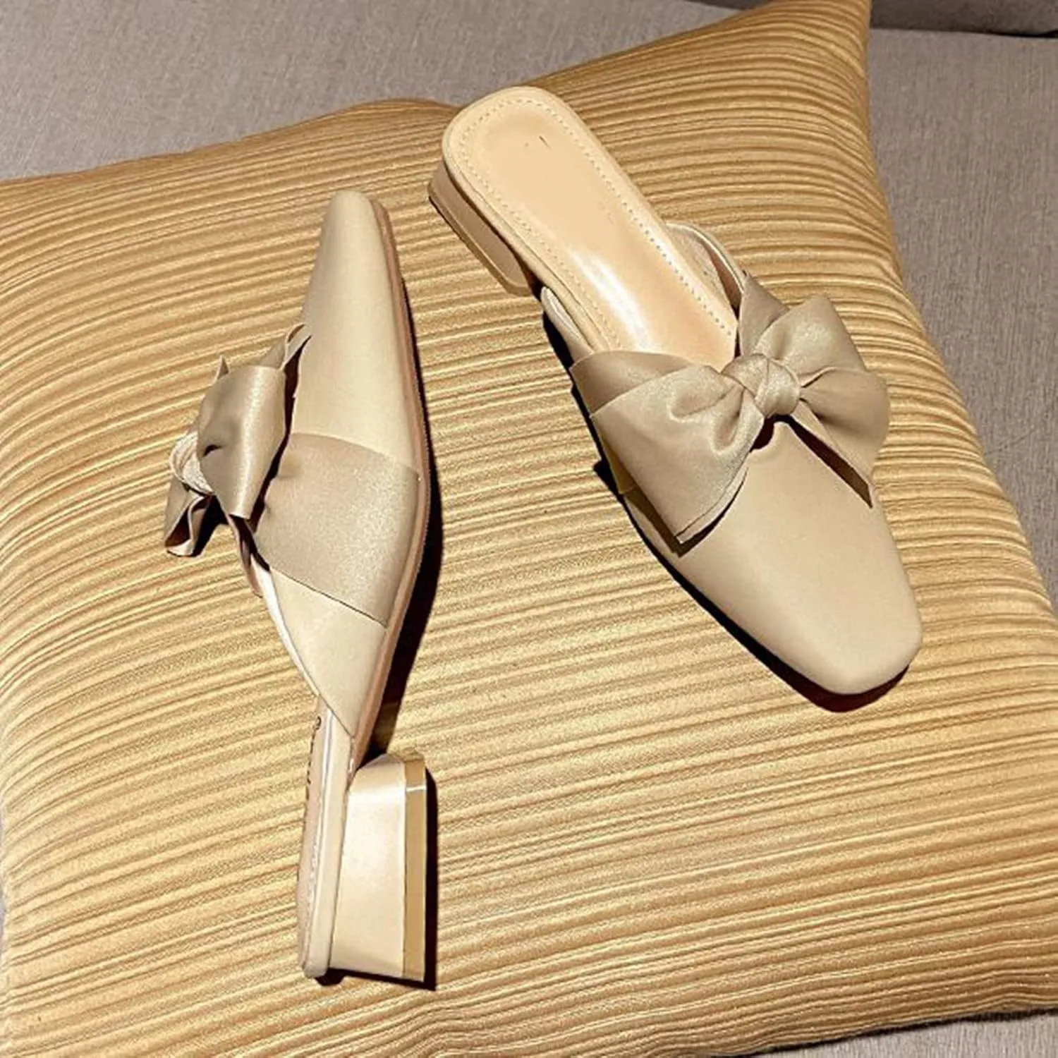 Women Fashion Bow Low Heel Mules Backless Slip On Square Toe Elegant Comfortable Loafers Dress Slippers