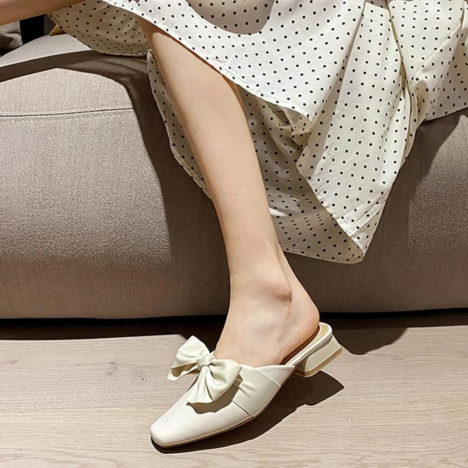 Women Fashion Bow Low Heel Mules Backless Slip On Square Toe Elegant Comfortable Loafers Dress Slippers