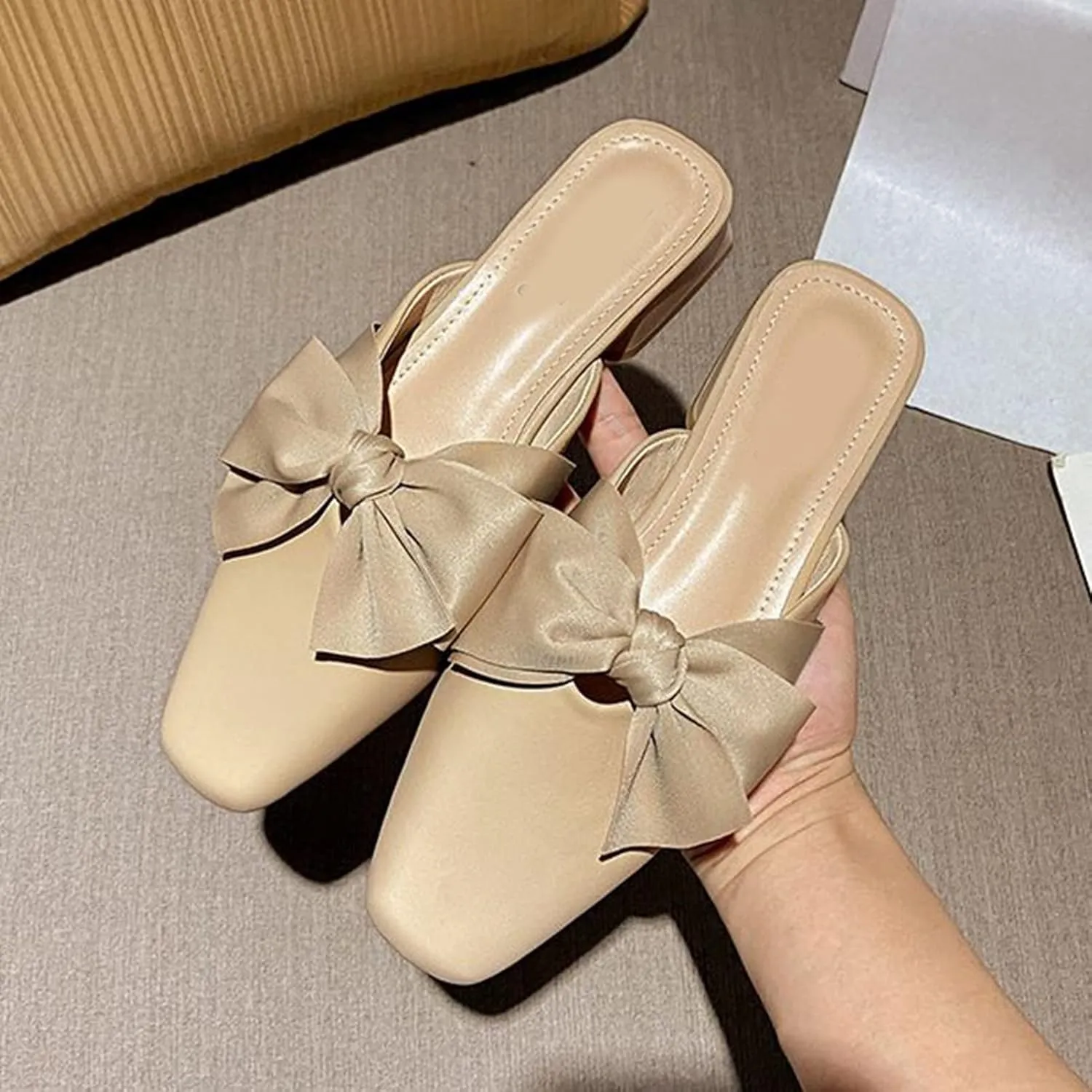 Women Fashion Bow Low Heel Mules Backless Slip On Square Toe Elegant Comfortable Loafers Dress Slippers