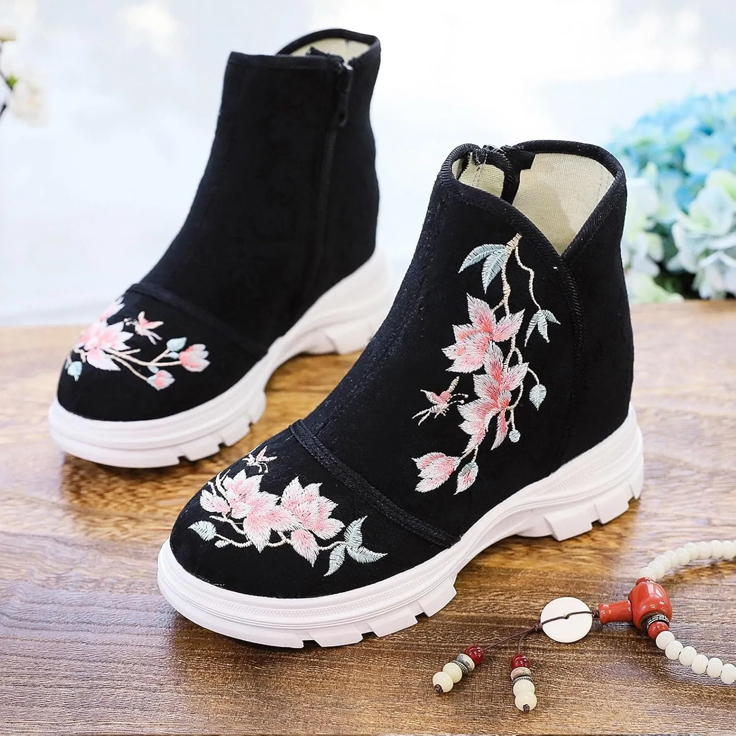 Women's 6CM Wedge Sneakers Ankle Boots Short Boots Hidden High Heels Handmade Embroidered Platform Walking Shoes