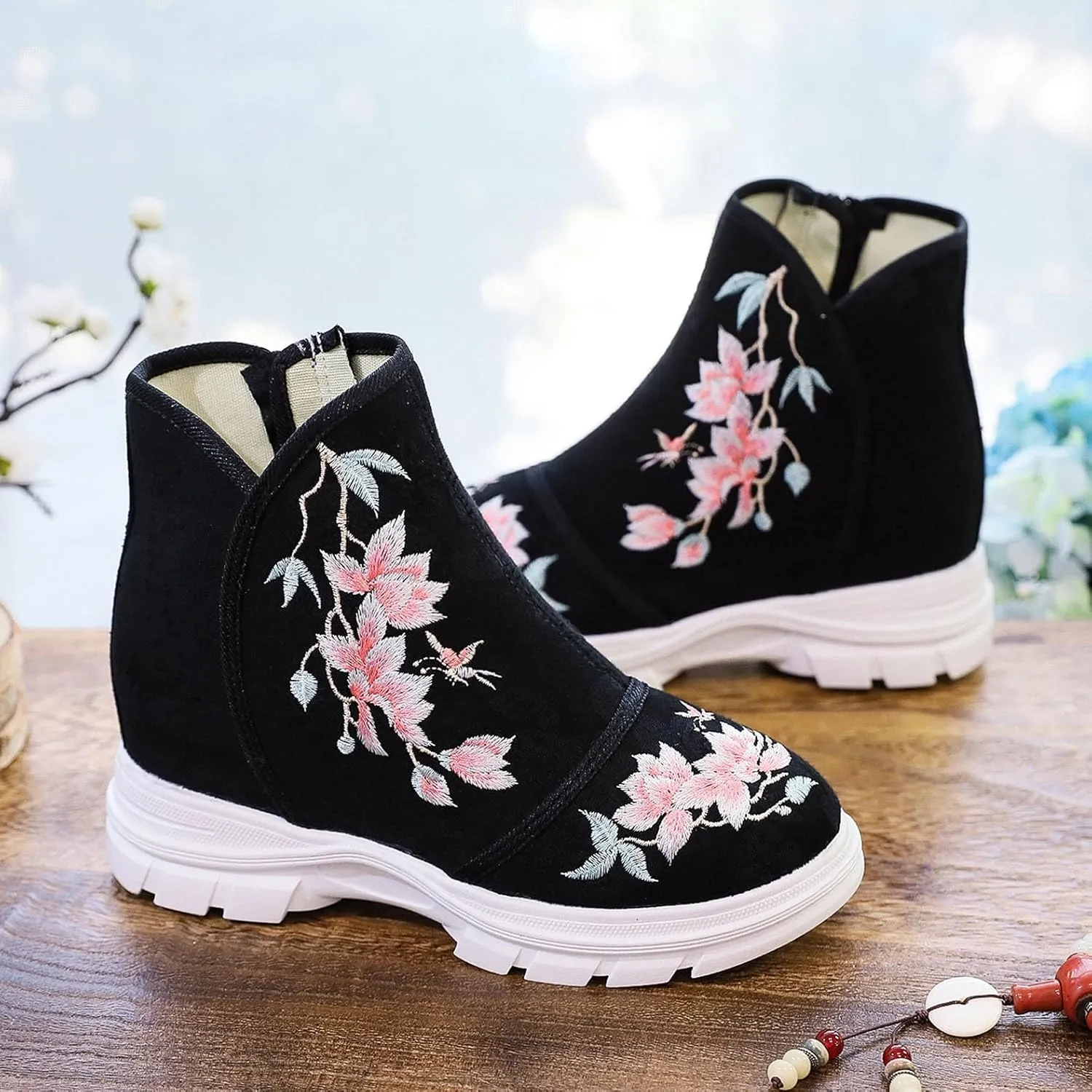 Women's 6CM Wedge Sneakers Ankle Boots Short Boots Hidden High Heels Handmade Embroidered Platform Walking Shoes