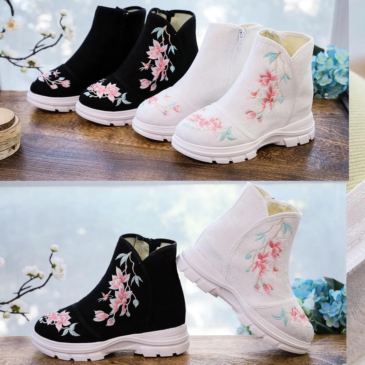 Women's 6CM Wedge Sneakers Ankle Boots Short Boots Hidden High Heels Handmade Embroidered Platform Walking Shoes
