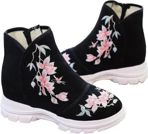 Women's 6CM Wedge Sneakers Ankle Boots Short Boots Hidden High Heels Handmade Embroidered Platform Walking Shoes