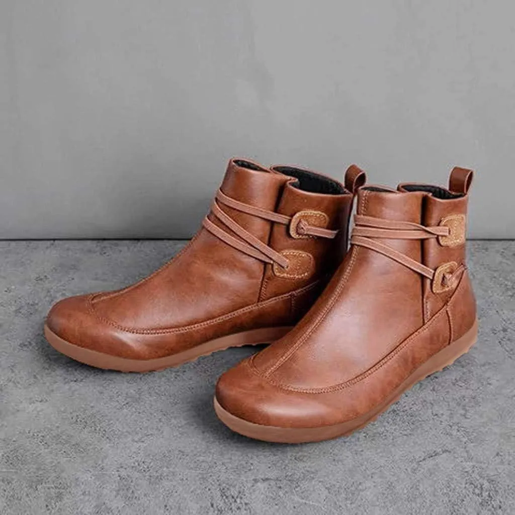 Women's Ankle Boots Arch Support Low Heel Booties Vintage Leather Zipper Boots Comfortable Flat Heel Booties